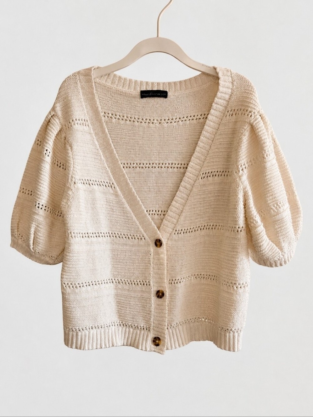 House of Harlow 1960 Cropped Puff Sleeve Knit Cardigan White Ivory Cottagecore